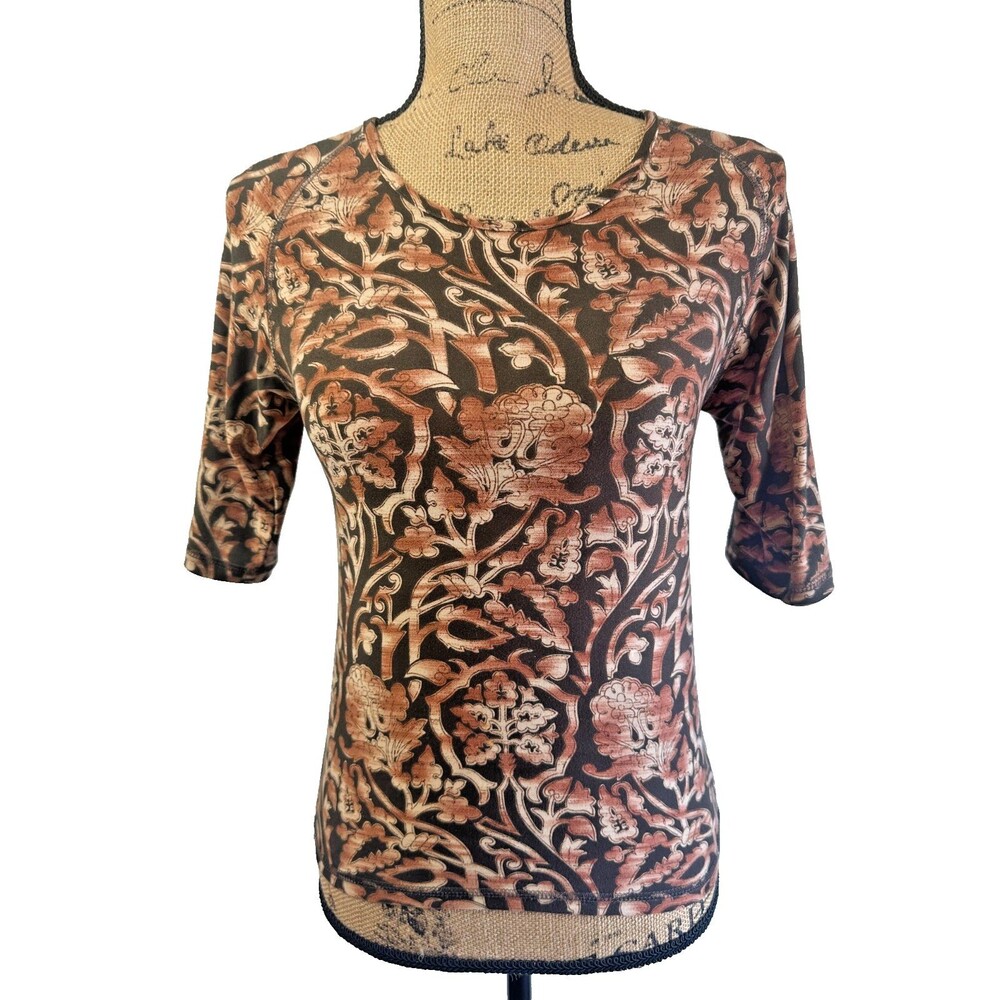 Vintage Y2K bebe Women Brown Floral Paisley Stretch 3/4 Sleeve Top Sz M Made USA